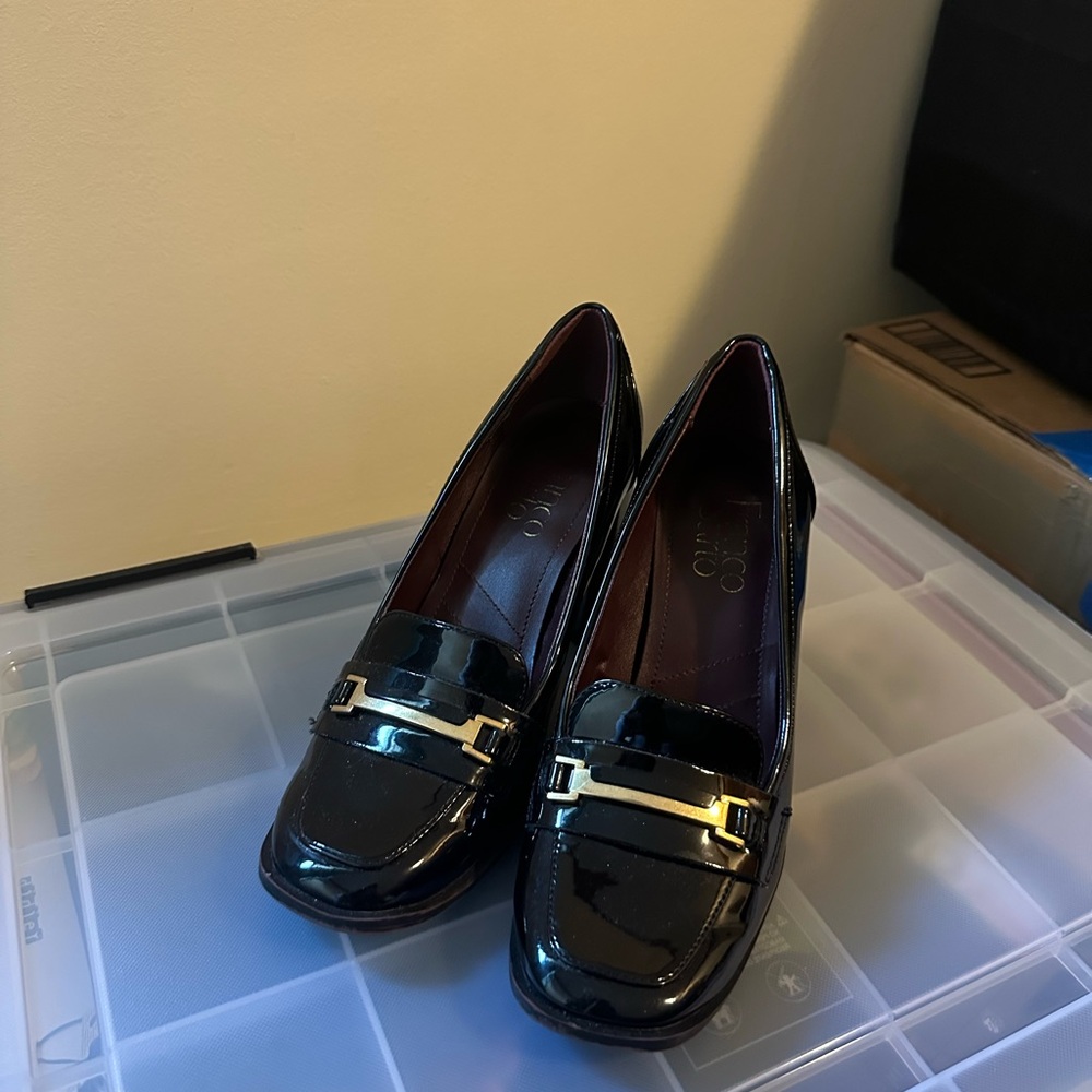 Franco Sarto Shiny Black Loafers with Gold Accent
